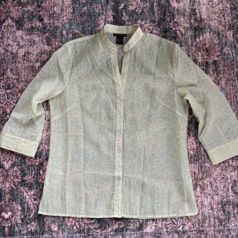 90s Vintage Karen Arnold Sheer Green Beaded Top L Boho Revival Coastal Grandma